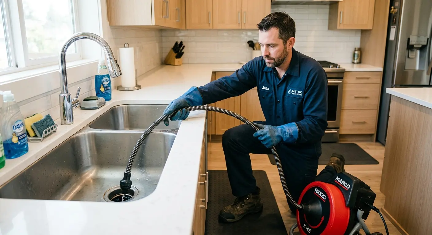 Drain cleaning technician using a motorized snake on a kitchen sink in Friendswood