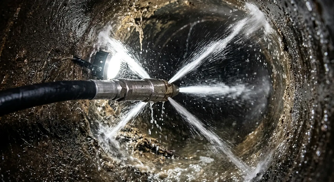 High-pressure hydro jetting nozzle cleaning sewer pipe for Trenchless Sewer Repair in Friendswood