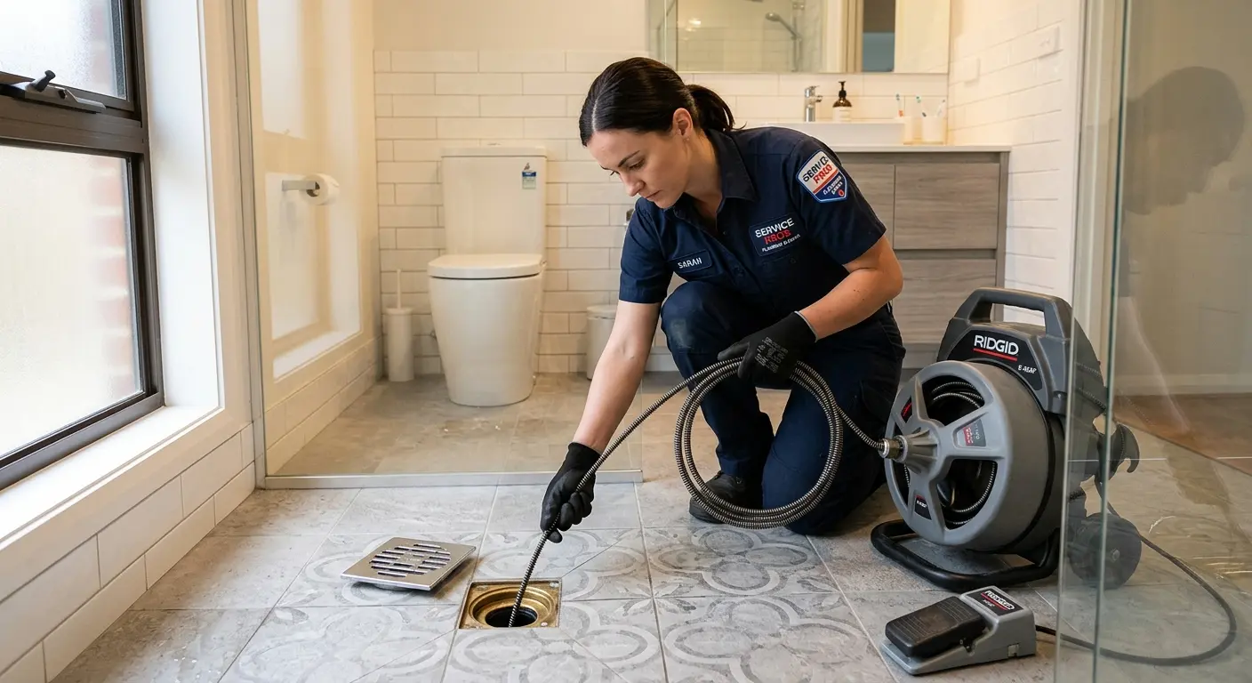Technician clearing a bathroom floor drain for Clogged Drain Repair in Friendswood